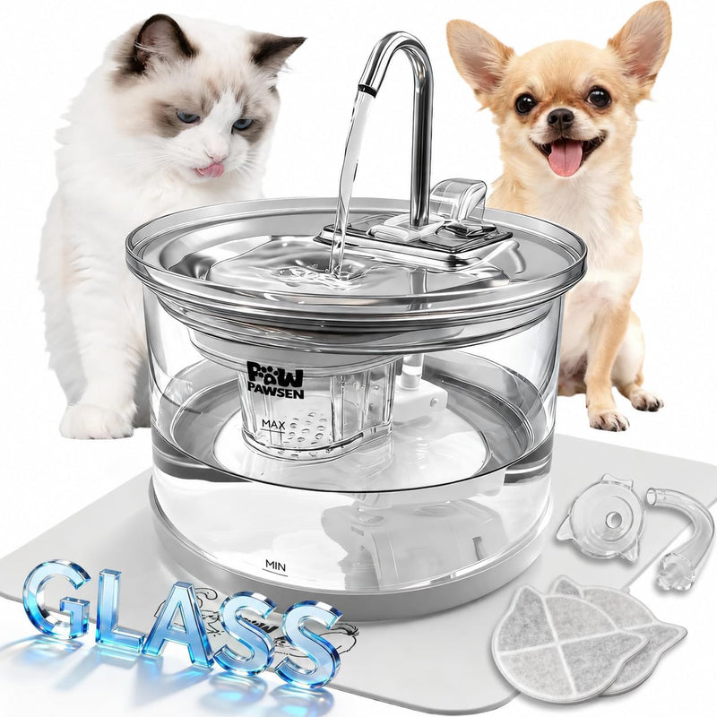 PAWPAWSEN Fuente de agua de cristal para gatos, 70 onzas, apta para...