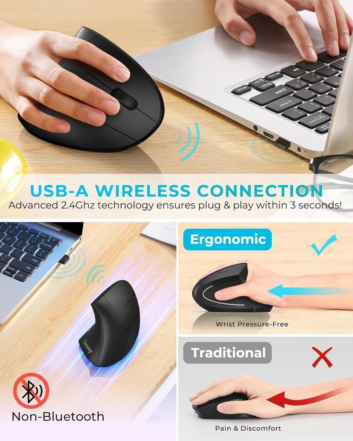 Lekvey Ratón ergonómico, ratón inalámbrico vertical USB recargable...
