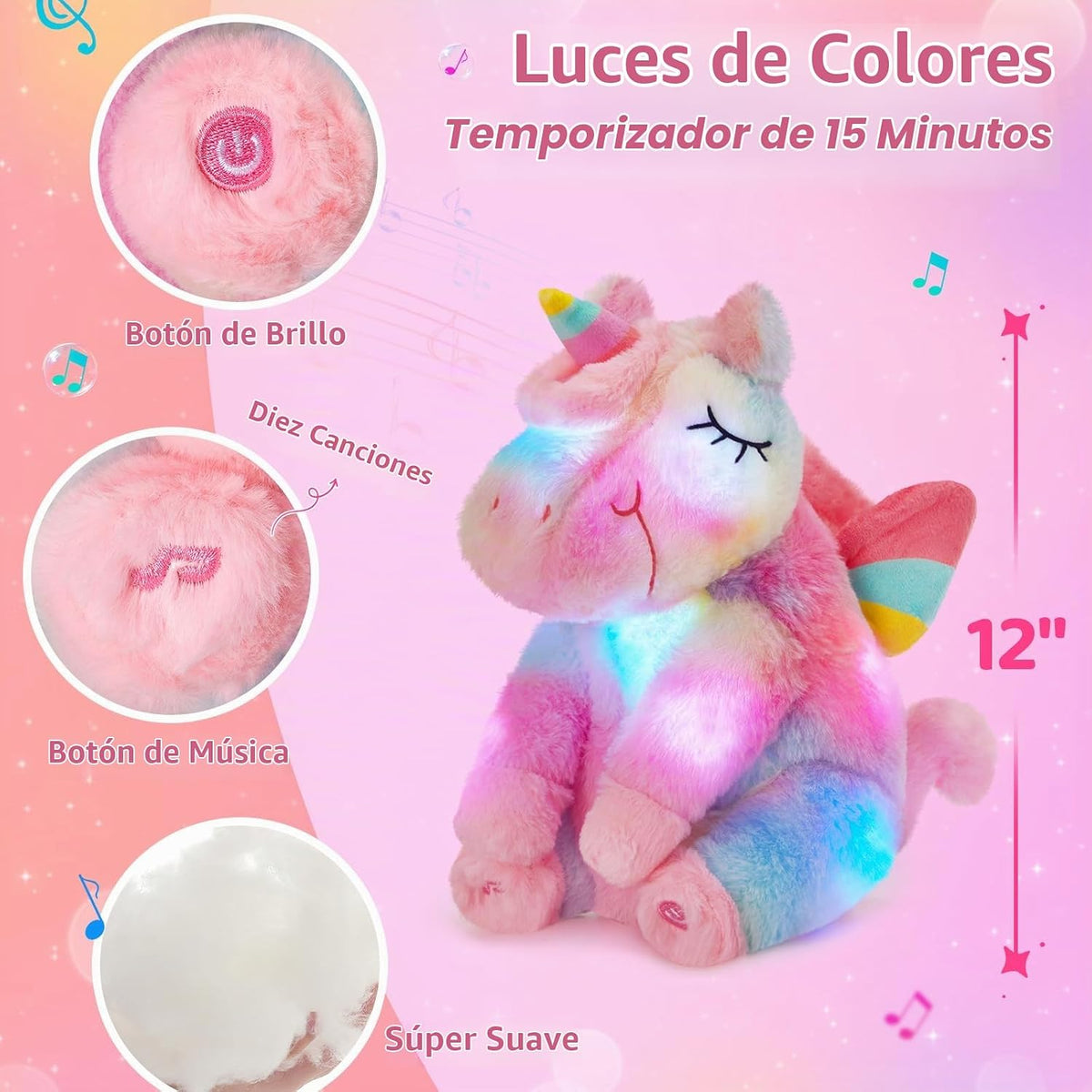 Athoinsu Unicornio de peluche musical con luces LED arcoíris, suave...