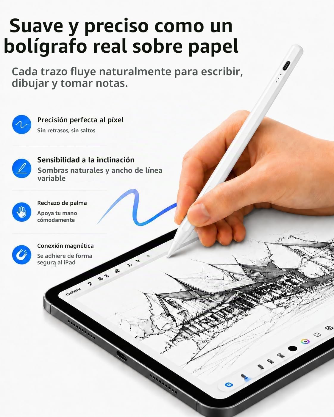 Lápiz óptico para iPad con pantalla de batería y botones de acceso...