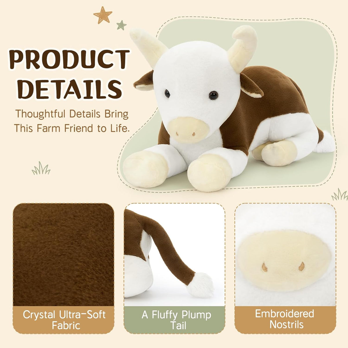 Tezituor 43.3 - Peluche de ganado Hereford gigante, almohada corpor...