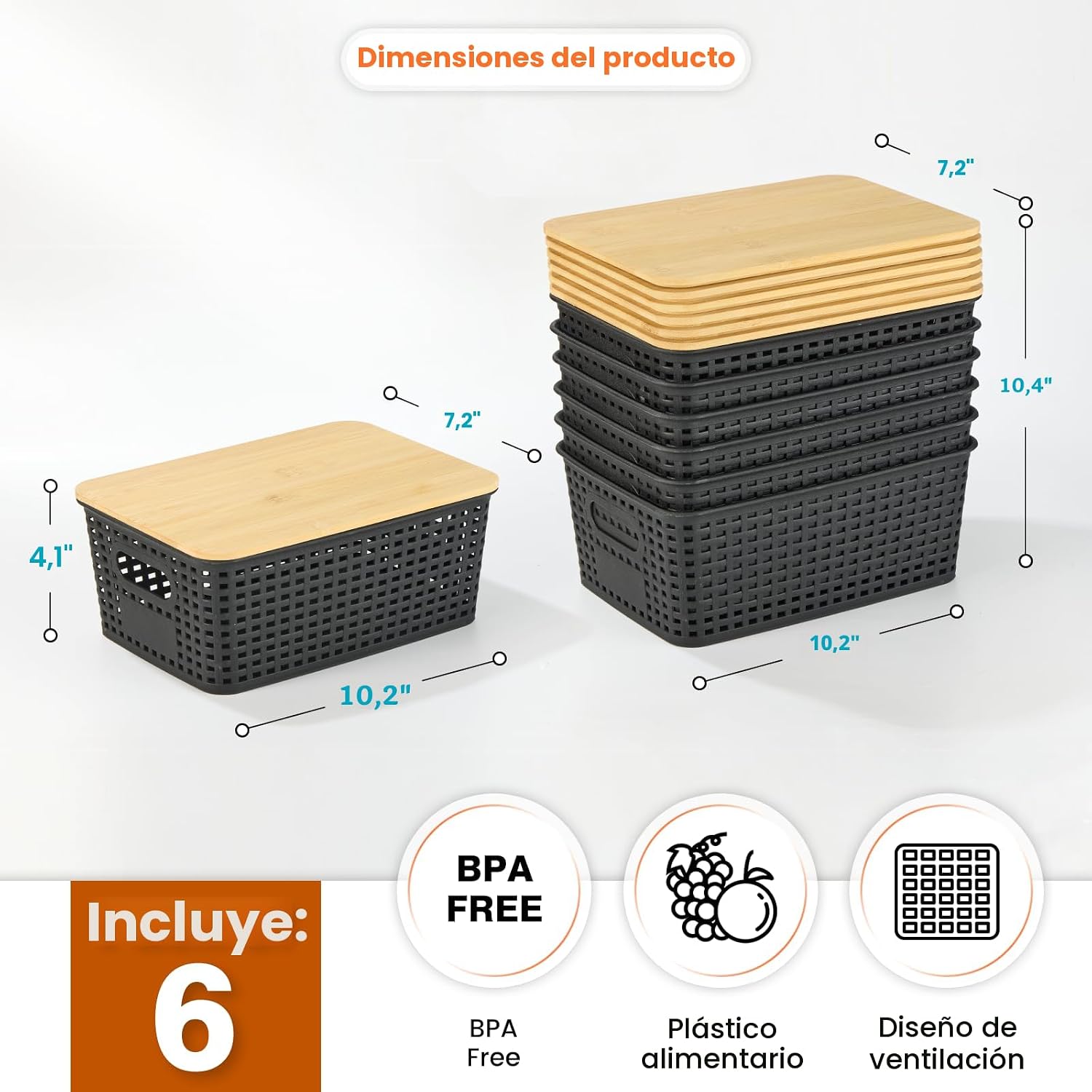 Ohmlove - Paquete de 6 cestas de almacenamiento de plástico con tap...
