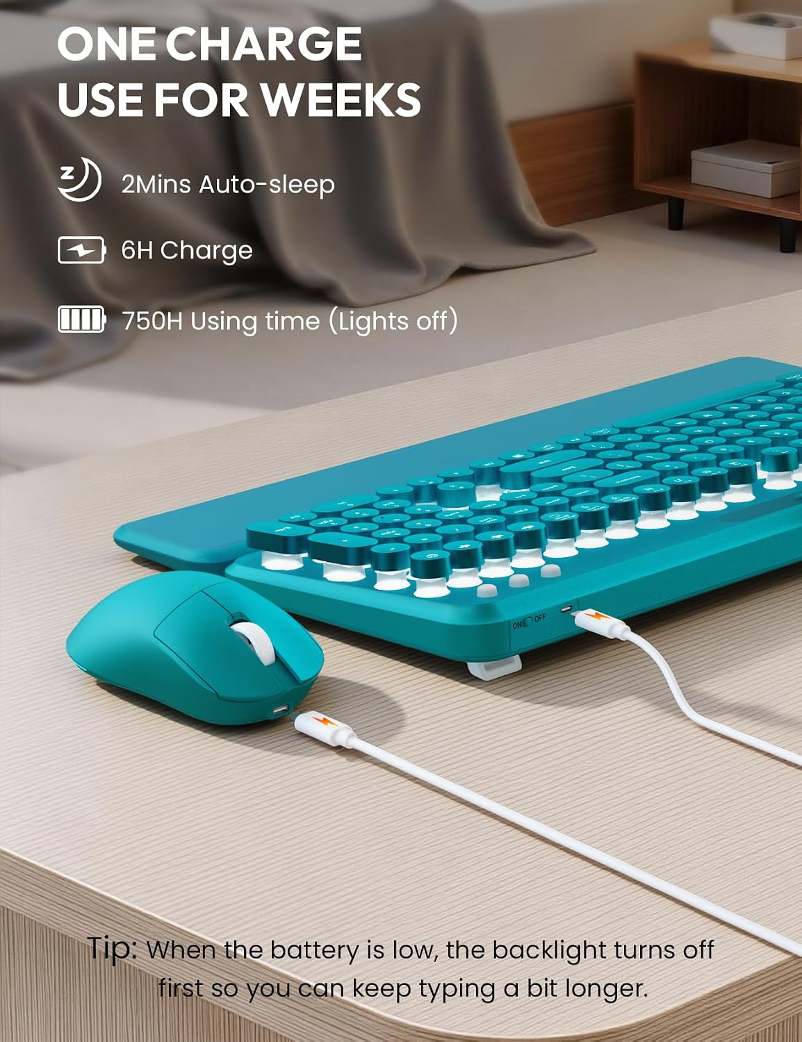 Teclado y mouse inalámbricos, máquina de escribir retroiluminada co...