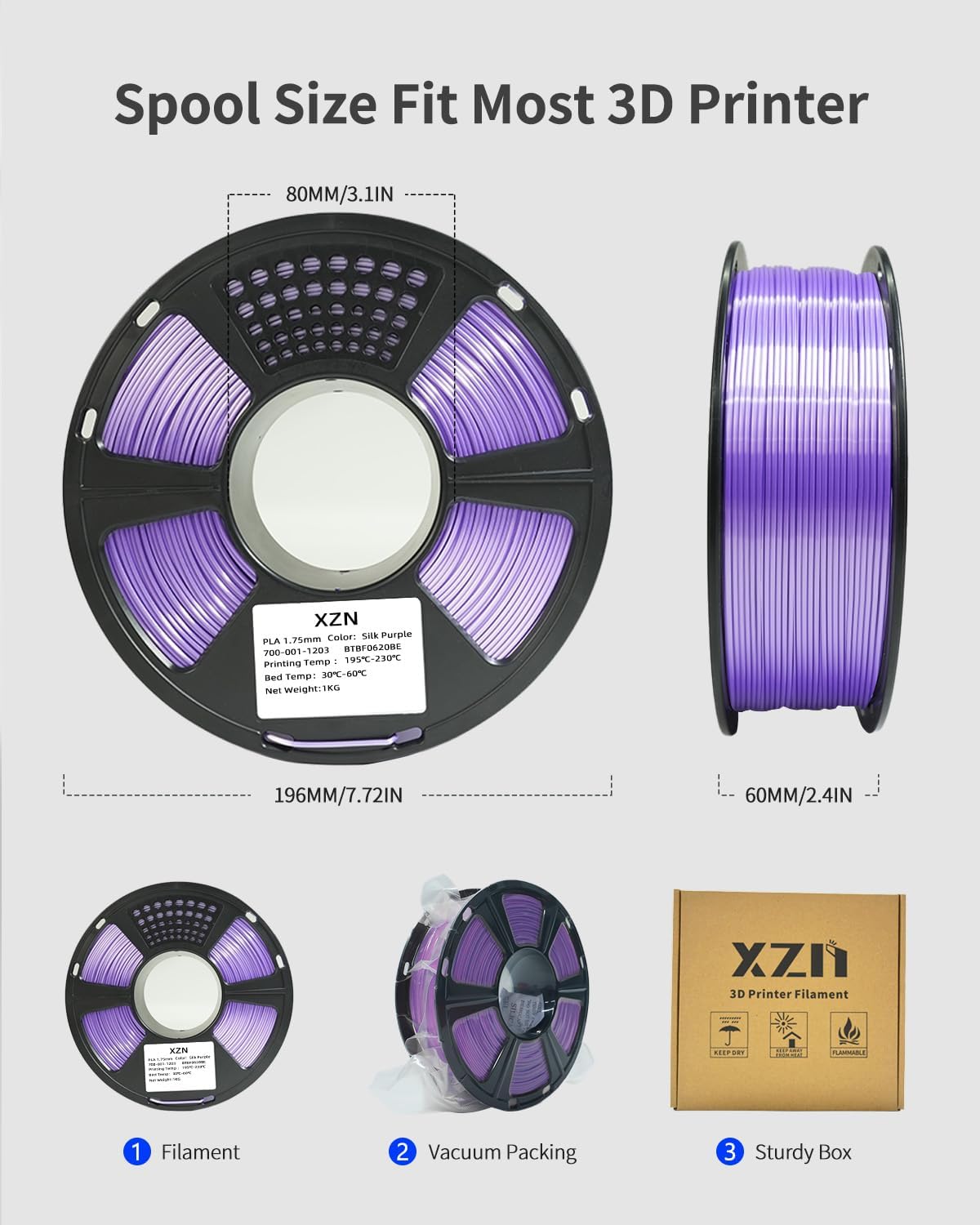 XZN Seda PLA Filamento 1.75mm, Filamento Metálico Brillante Púrpura...