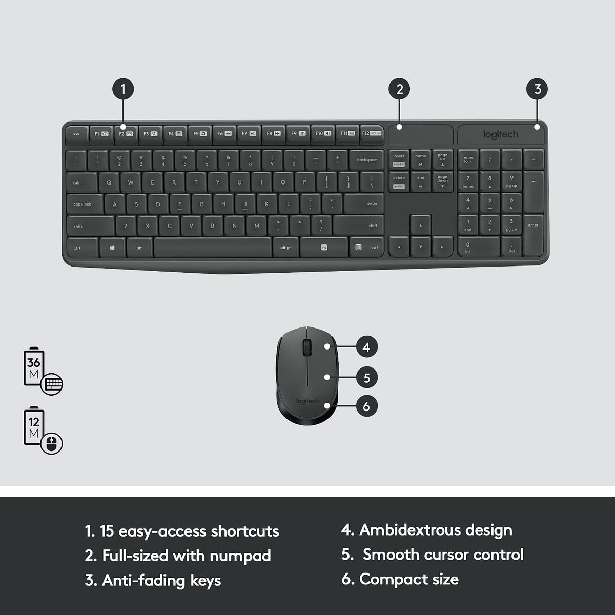 Logitech Teclado y mouse inalámbrico MK235 | Teclado de tamaño comp...