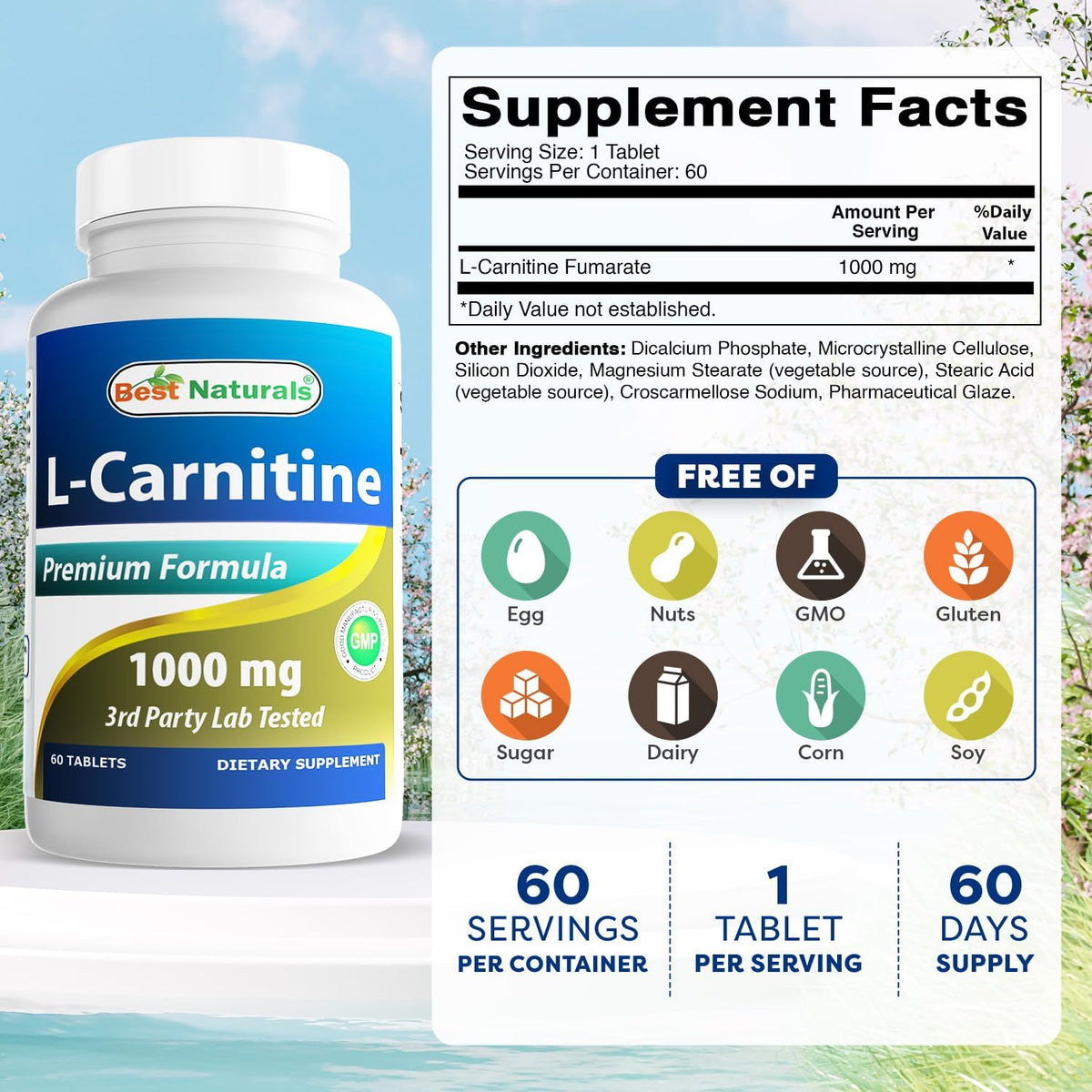 Best Naturals L-Carnitina 1000mg 60 tabletas (60 unidades (paquete...