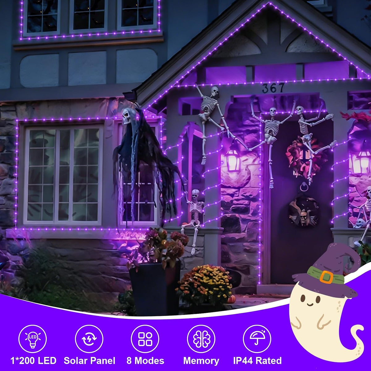 QITONG Luces solares de Halloween moradas, 66 pies, 200 luces LED s...