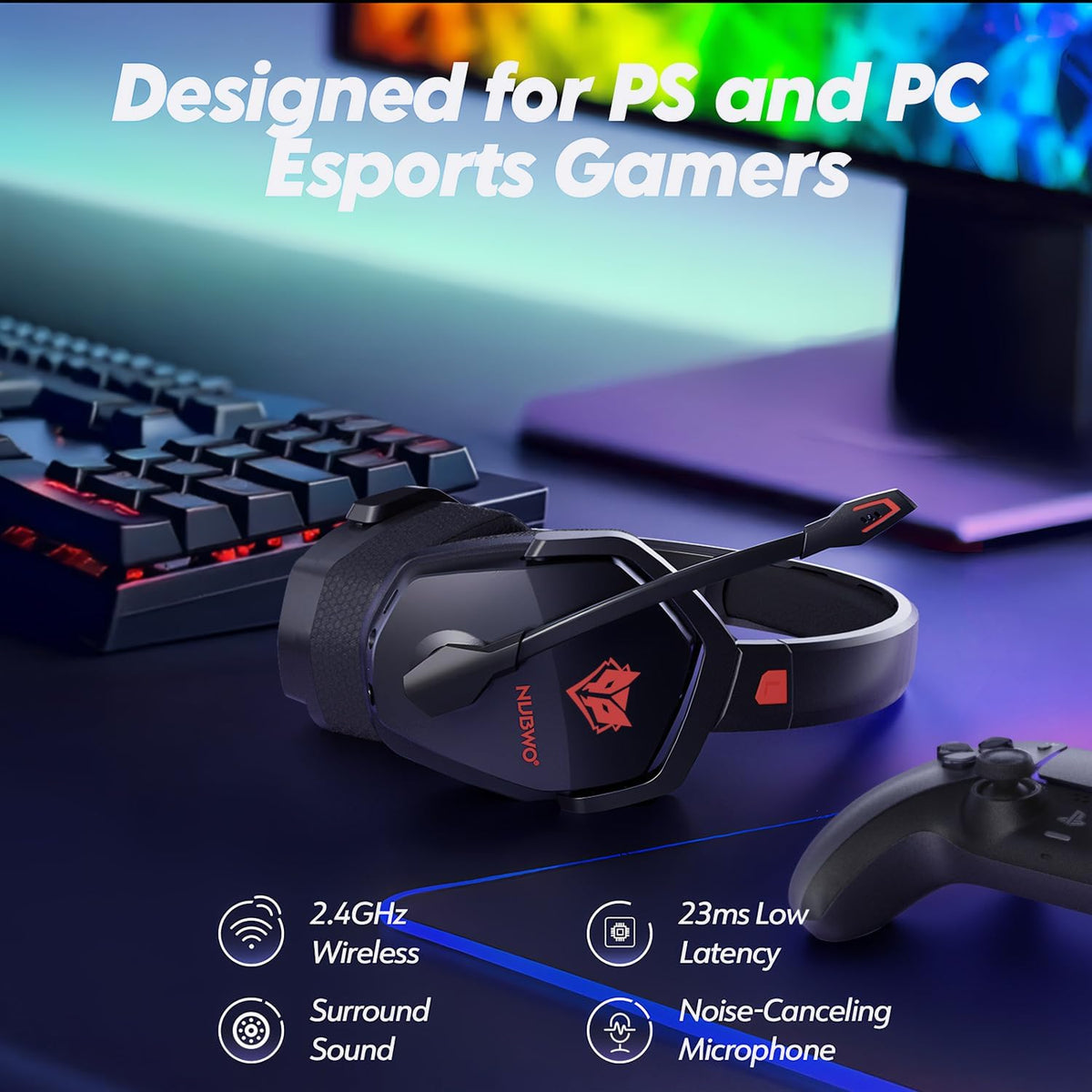 NUBWO Auriculares inalámbricos para juegos con micrófono para PC Ps...