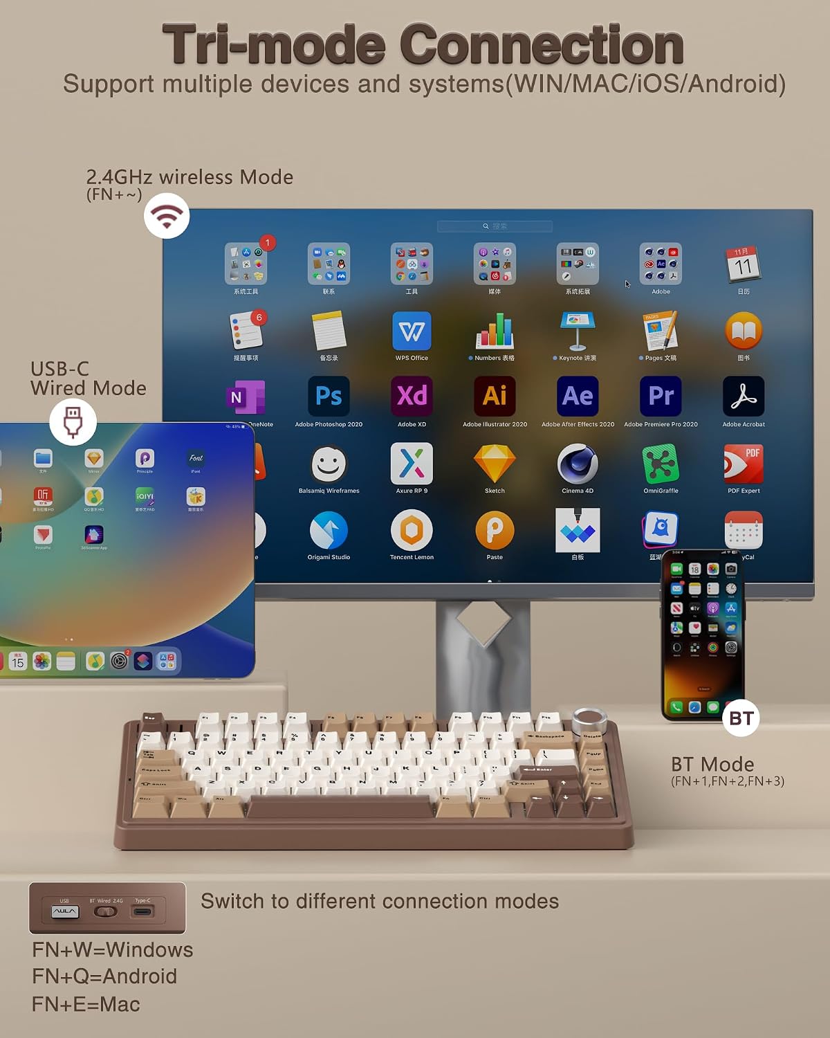 AULA Teclado mecánico inalámbrico F75 75%, teclado cremoso intercam...