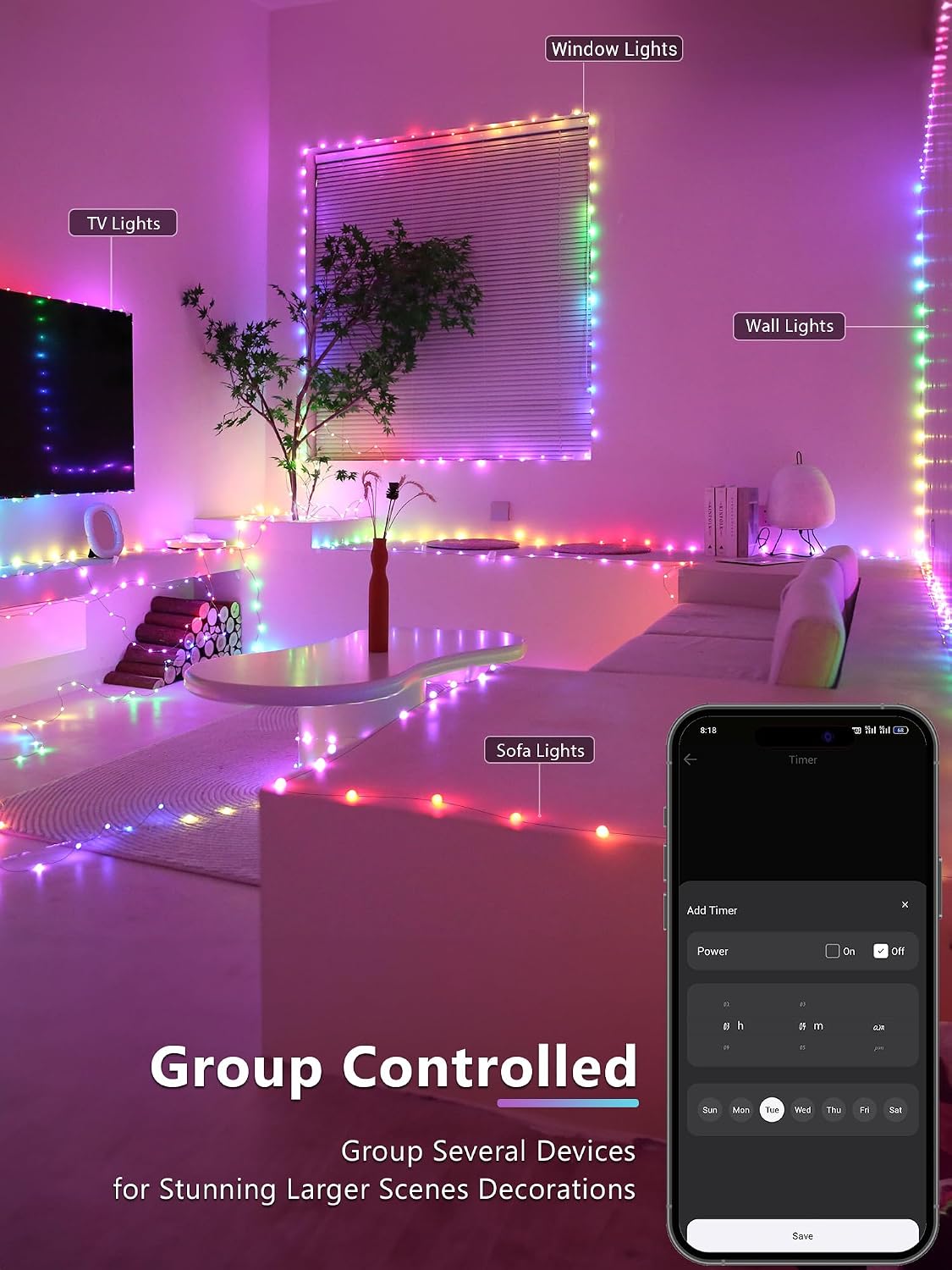 BrizLabs Luces de hadas RGB inteligentes, 33 pies 100 LED compatibl...