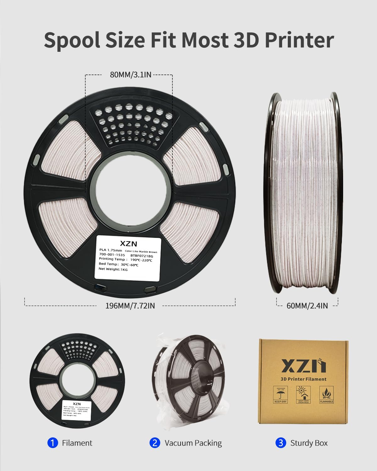 XZN Mármol PLA, filamento PLA de 1.75 mm 1 carrete de KG (2.2 libra...