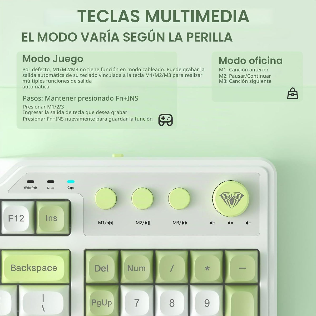 Teclado inalámbrico Aula F3099 con mando multimedia, teclado tri-mo...