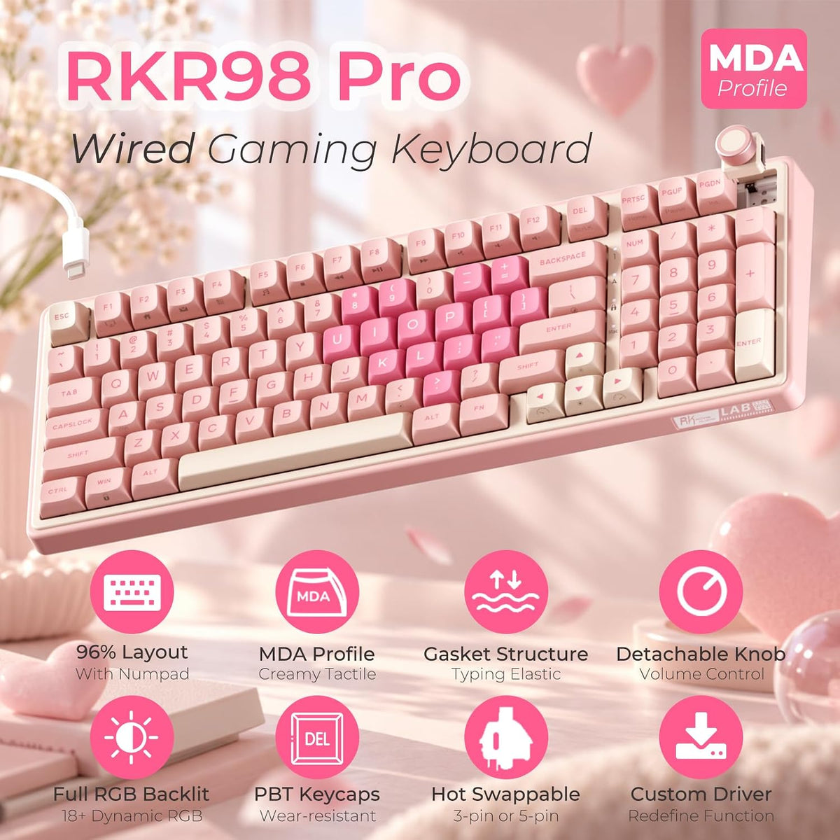 RK ROYAL KLUDGE R98 Pro Teclado mecánico con cable, 96% cremoso tec...