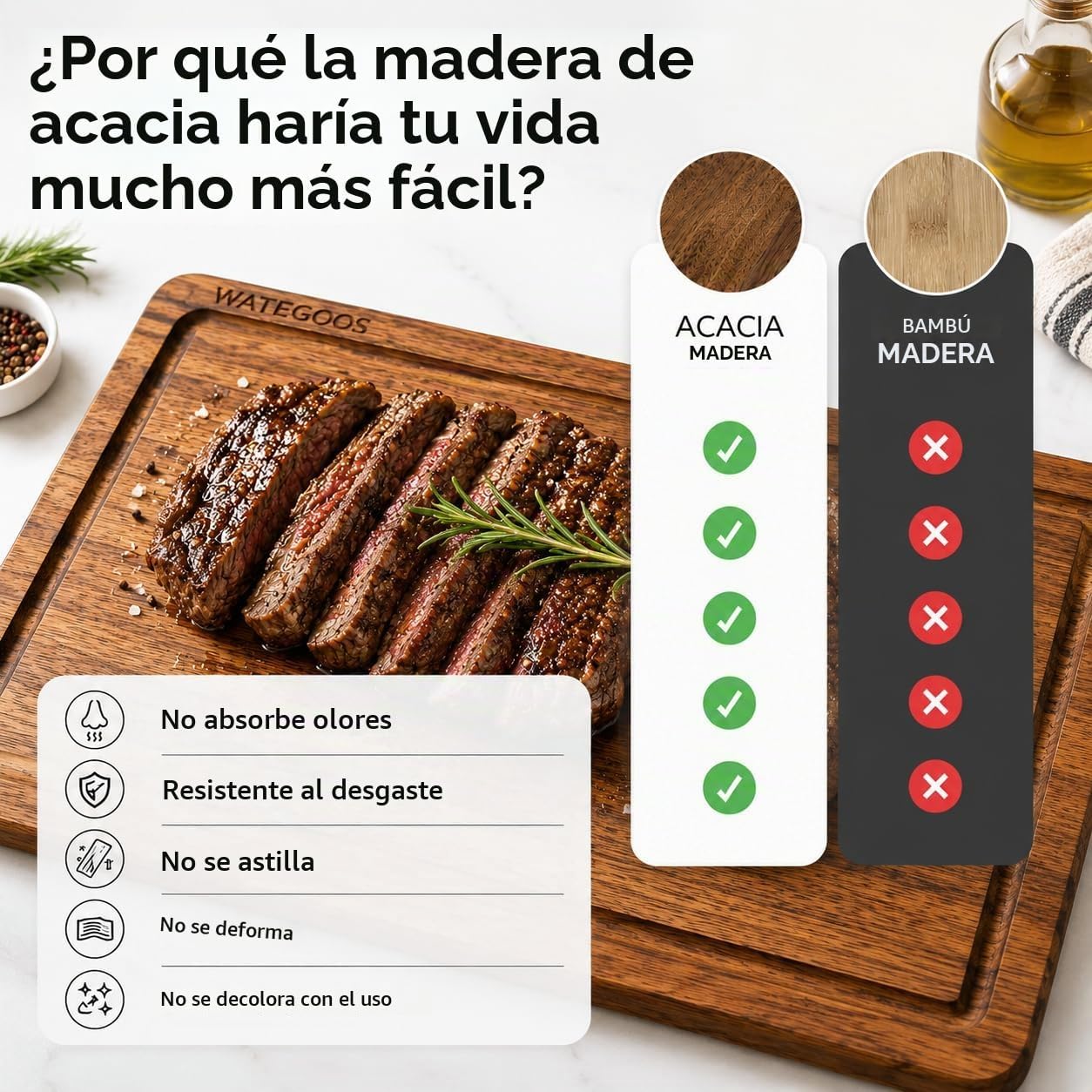 Juego de 2 tablas de cortar de madera de acacia para cocina, tablas...