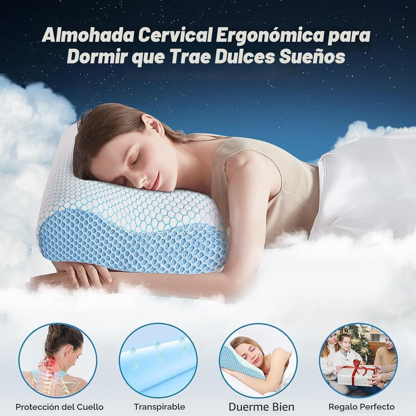 Almohada cervical ergonómica para dormir, tamaño estándar azul | Al...