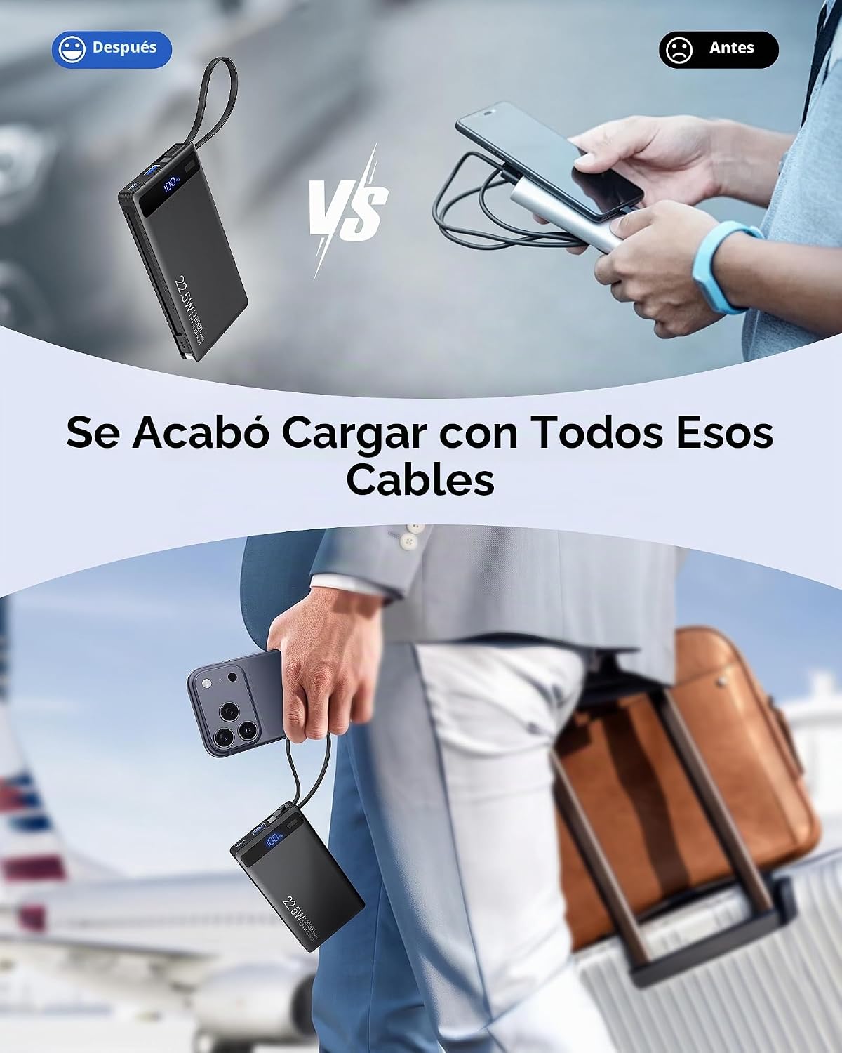 Banco de energía de 10000 mAh con 2 cables incorporados, cargador p...