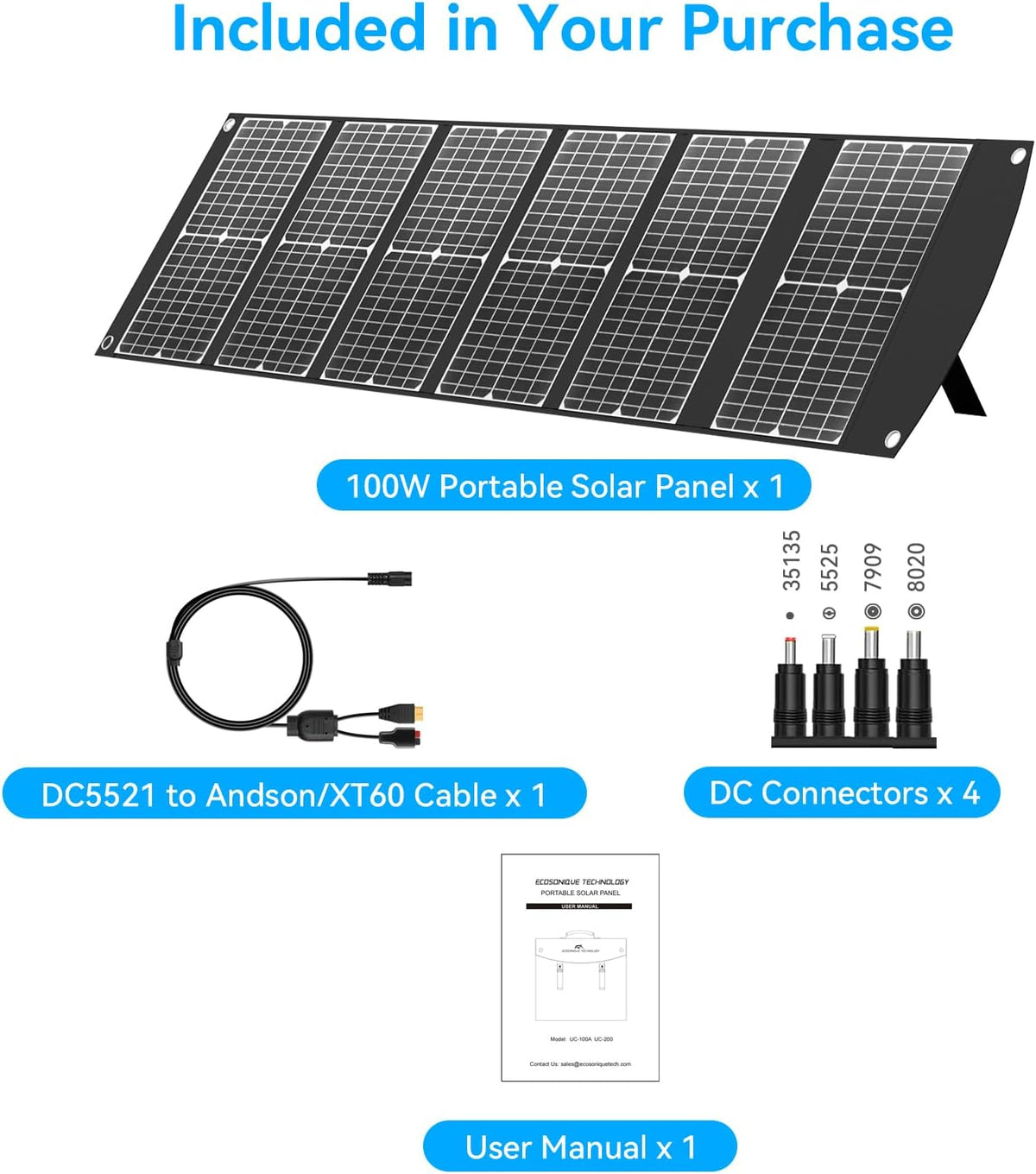 Panel solar portátil de 100W con puerto USB-C\/A y 20V DC XT60 para...
