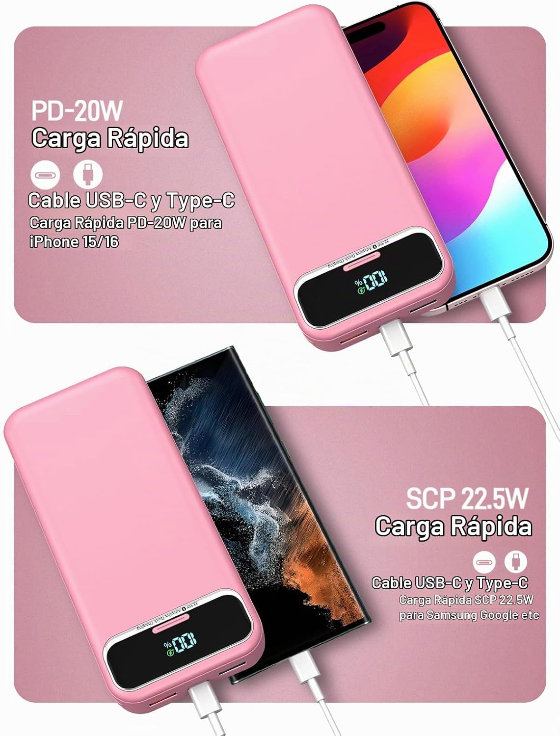 Nusyddy Cargador portátil 20000mAh de carga rápida w\/incorporado e...