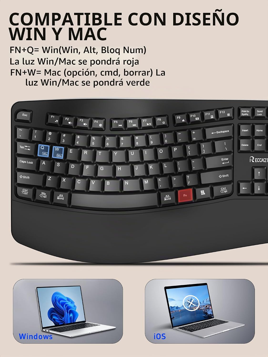 Combo de teclado y mouse inalámbricos, teclas onduladas de tamaño c...