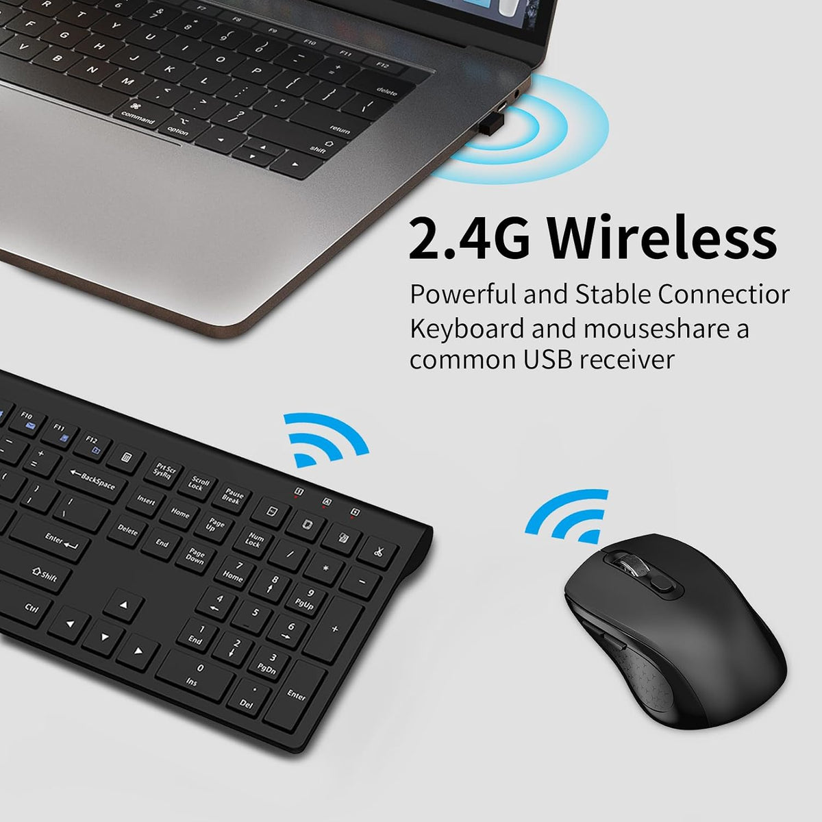 Teclado y mouse inalámbricos, teclado delgado de tamaño completo co...