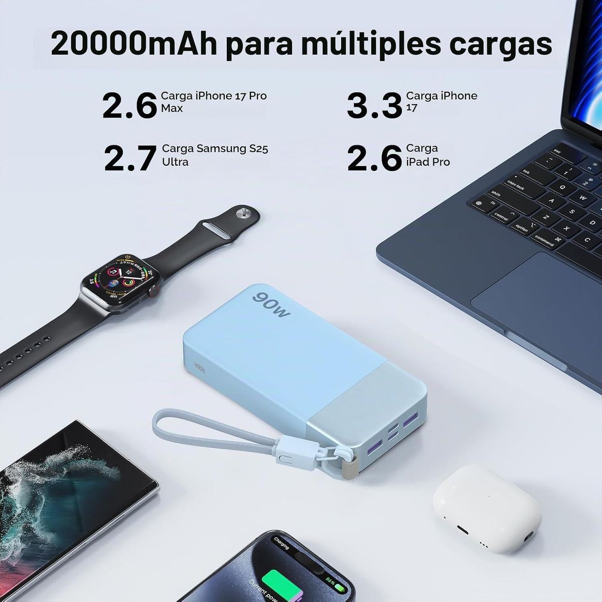 Cargador portátil NOBIS 20000mAh 90W Power Bank con cable desmontab...