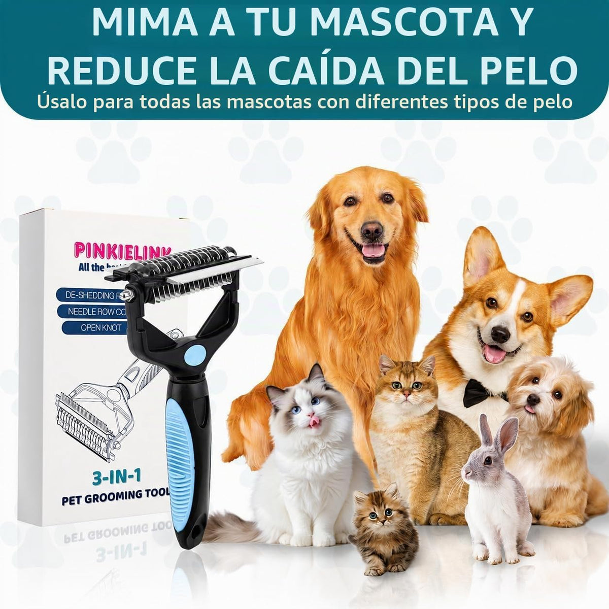 PINKIELINK - Herramienta de aseo para mascotas 3 en 1, rastrillo de...