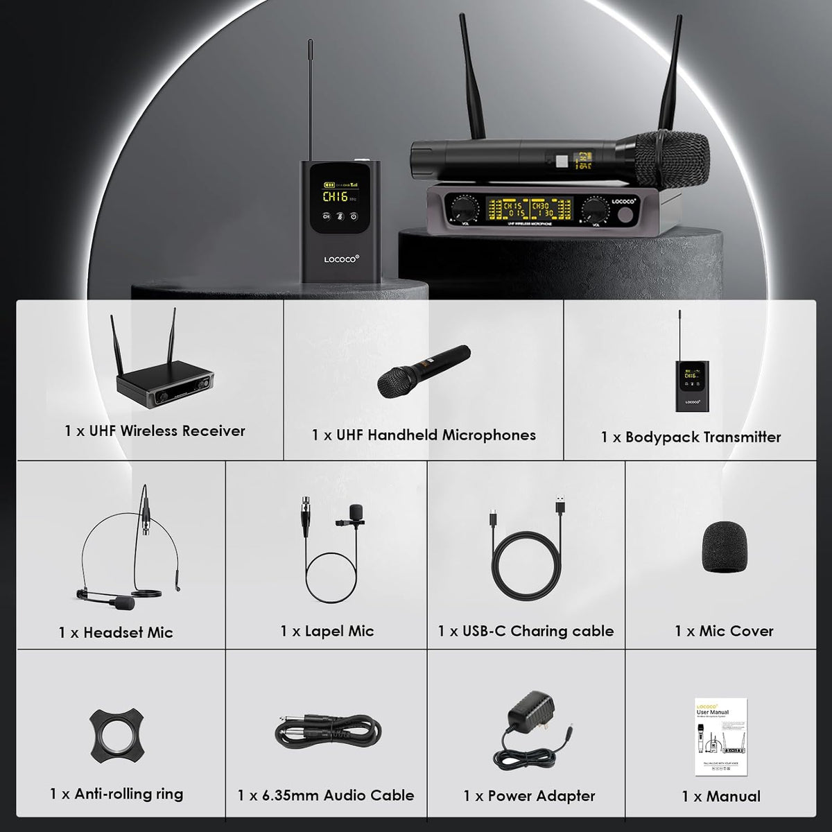 Conjunto de sistema de micrófono inalámbrico UHF: micrófonos de sol...