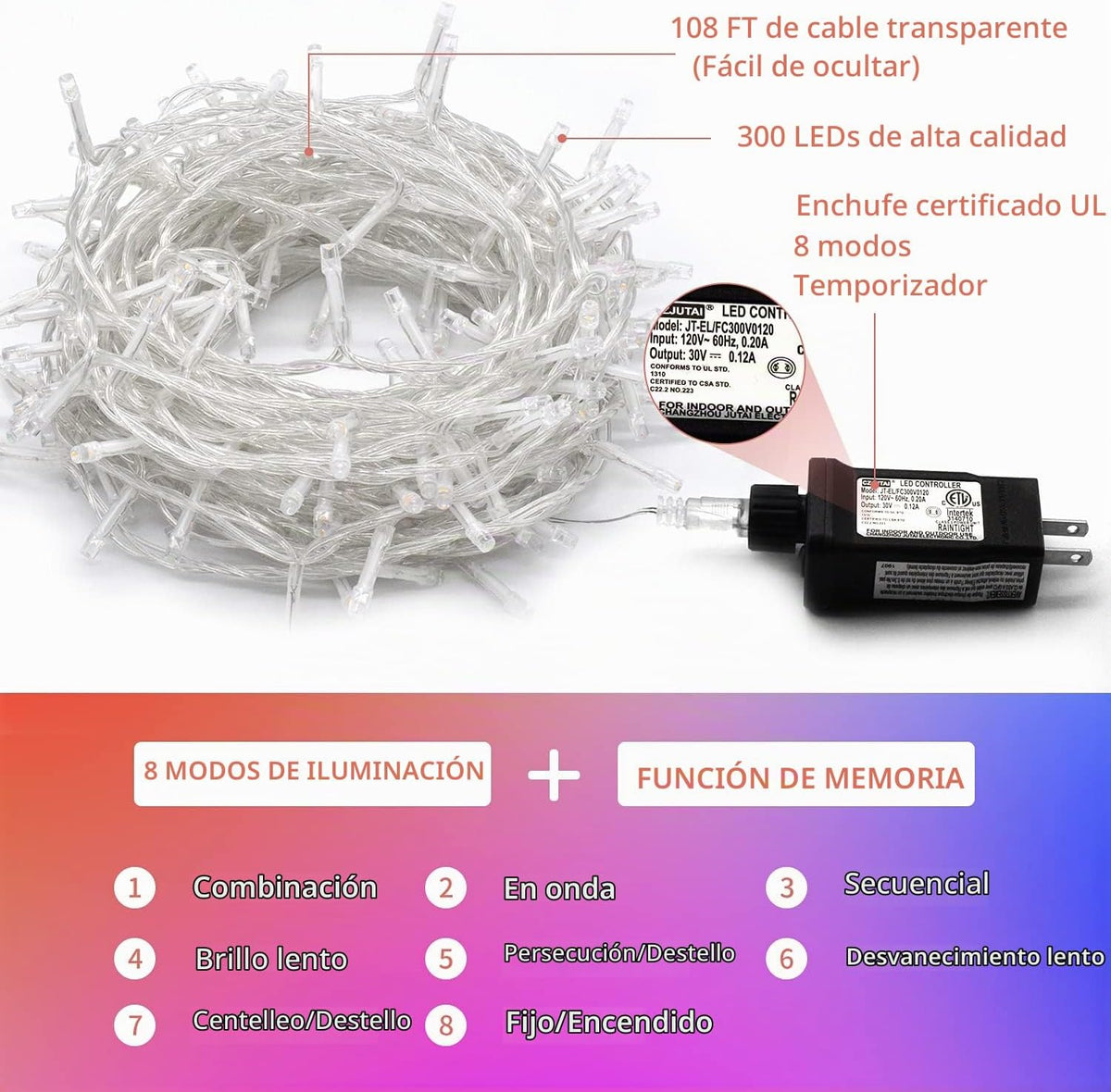 JMEXSUSS 300 luces LED multicolor para árbol de Navidad, cable tran...