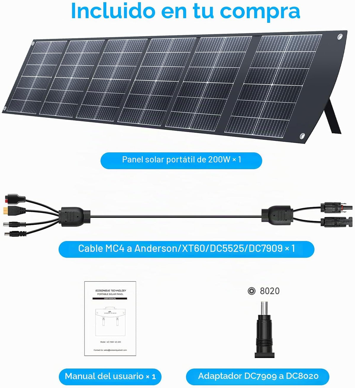 Ecosonique 200W Panel solar plegable portátil MC4 salida para centr...