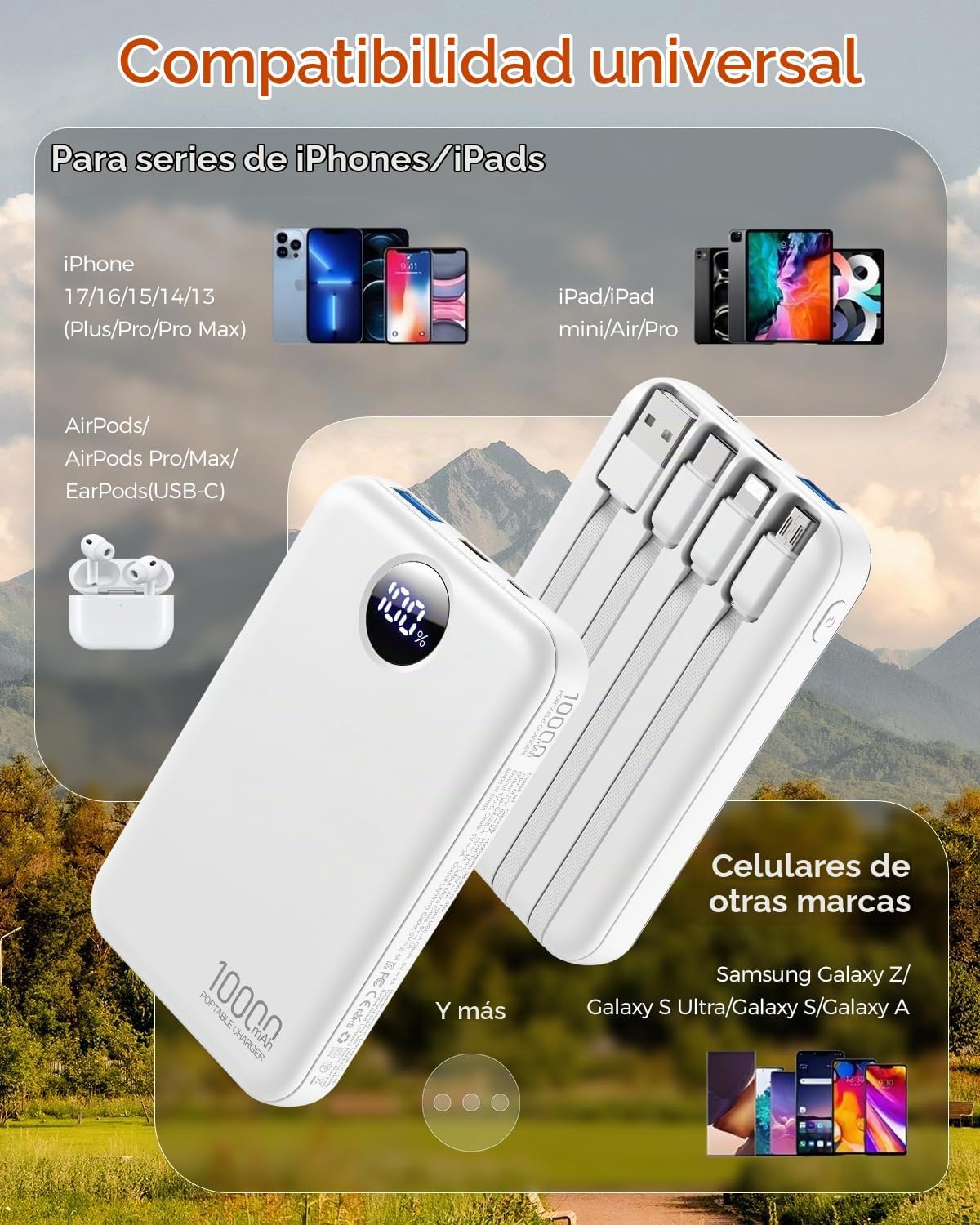 Zmmyuluo Cargador portátil 10000mAh con 4 cables incorporados 40% m...