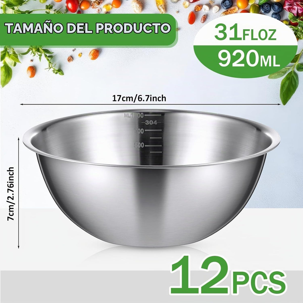 Honeydak 12 piezas de cuencos de mezcla de acero inoxidable 304 con...