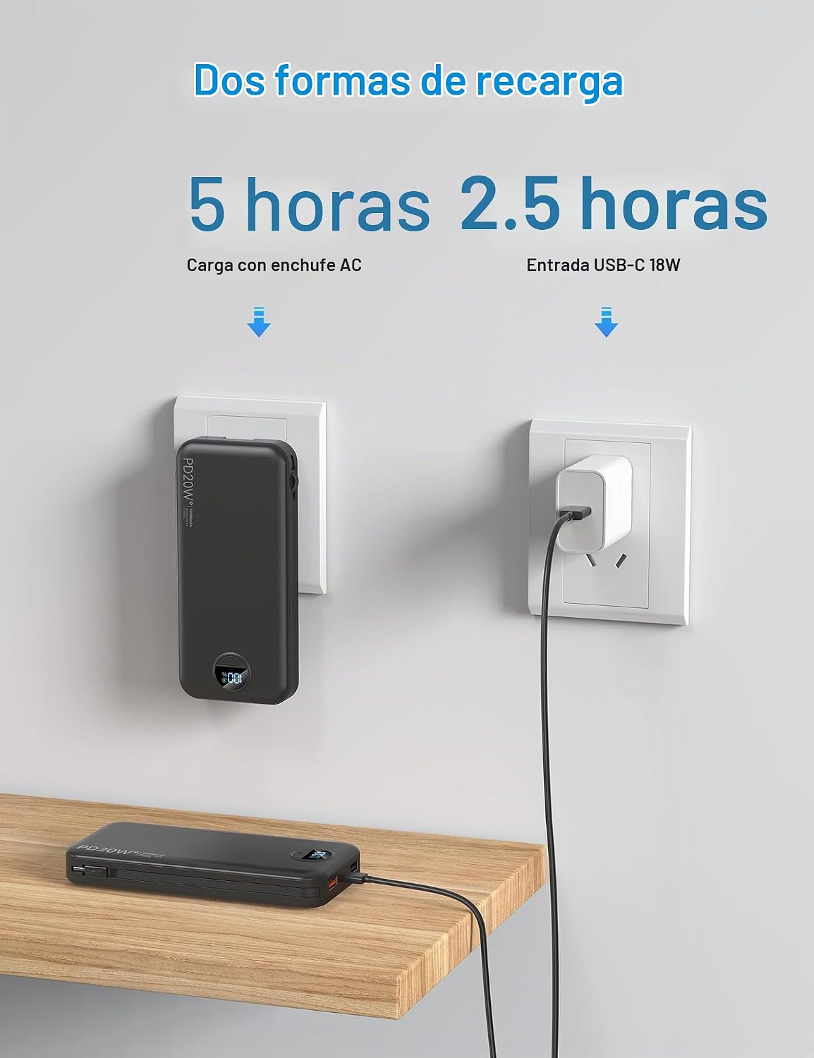 Ffnpua Cargador portátil Power Bank 10000mAh PD20W con cables incor...