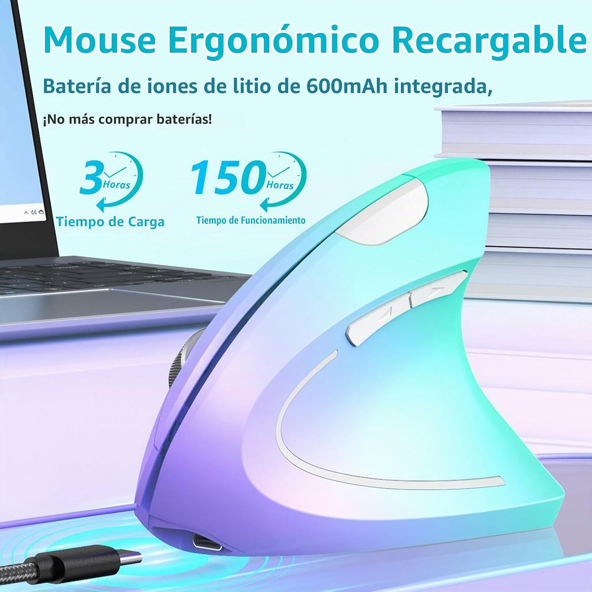Lekvey Ratón ergonómico, ratón inalámbrico vertical USB C recargabl...