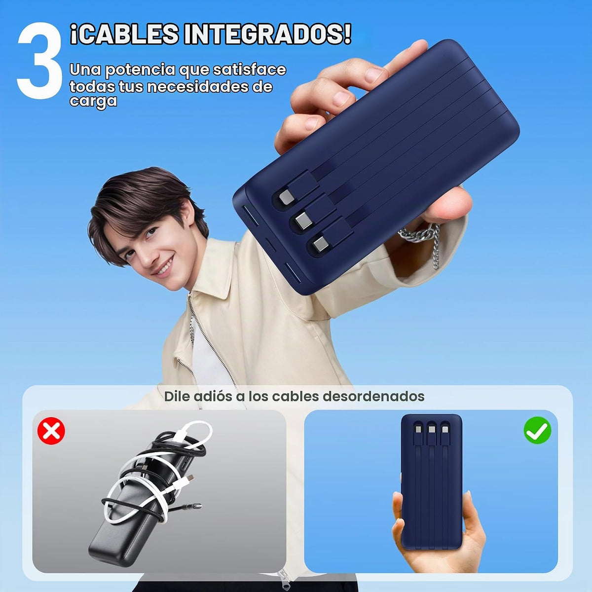 Cargador portátil de 50800 mAh con 3 cables integrados, 25 W PD QC4...