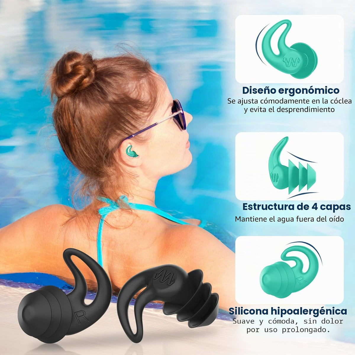 Tapones para los oídos de natación para adultos y niños, 4 pares de...