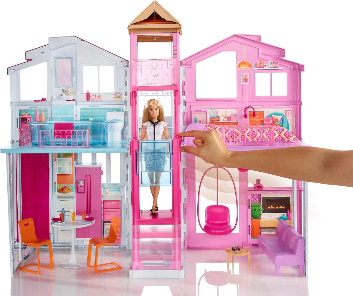 Barbie - Casa de muñecas de 3 pisos | Ascensor, silla de columpio,...