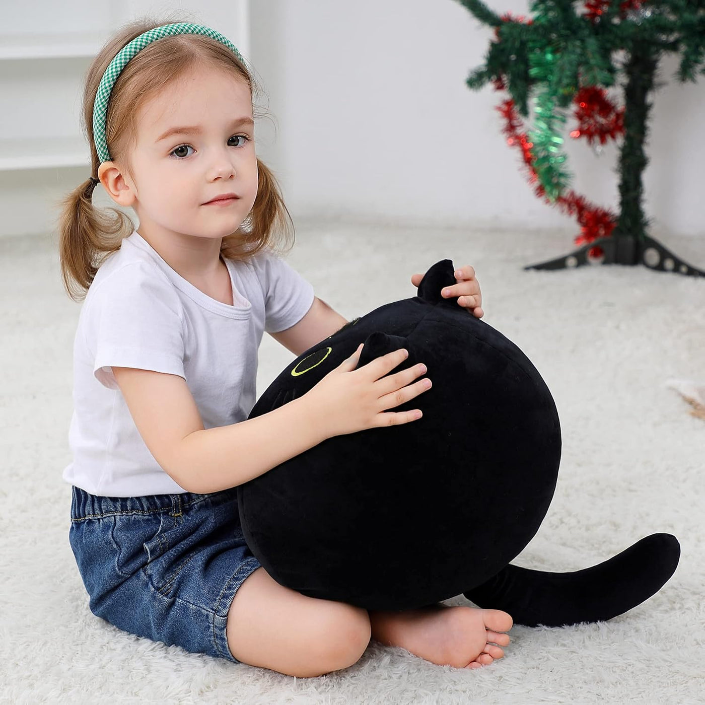 WeBingo Peluche de gato negro de 16 pulgadas, almohada de peluche d...