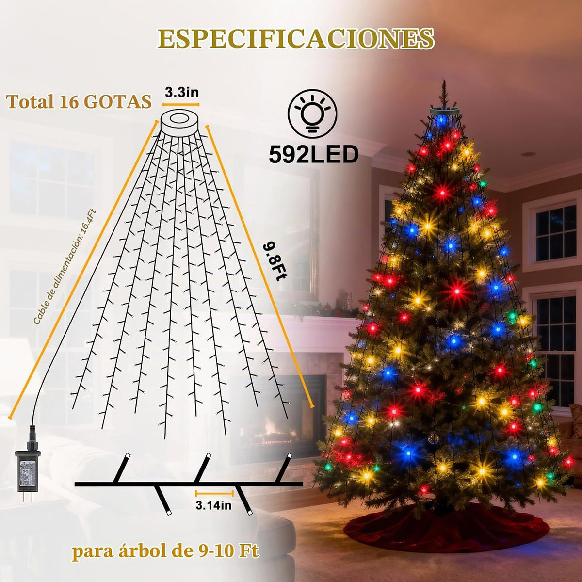 Luces de árbol de Navidad con control remoto, 9.8 pies, 592 luces L...