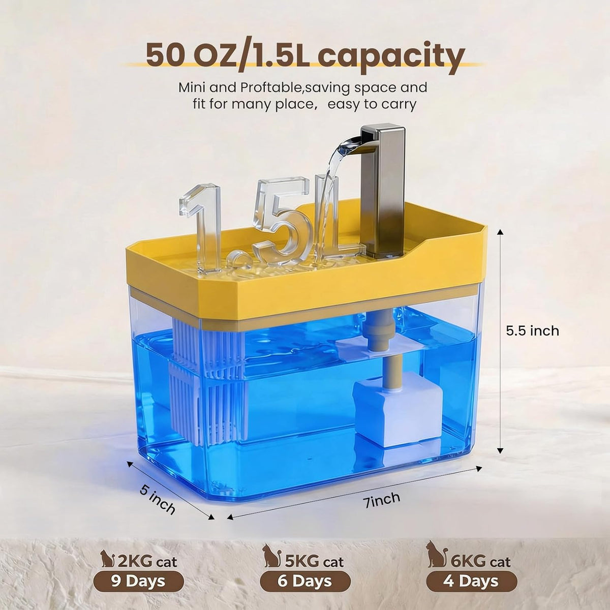 Fuente de agua linda para gatos pequeños de 1.5 L, dispensador de a...