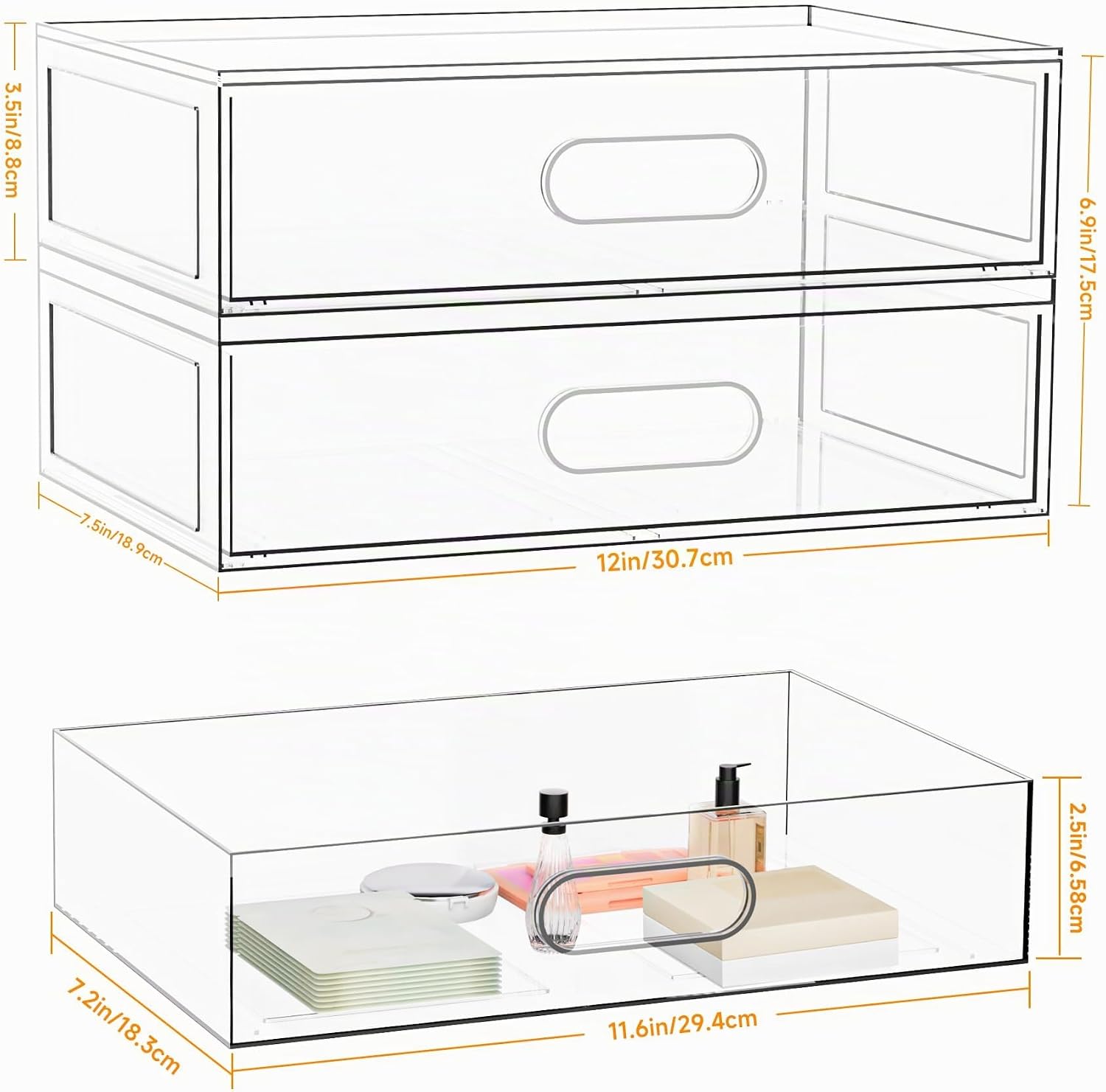 Paquete de 2 cajones transparentes de almacenamiento de maquillaje,...