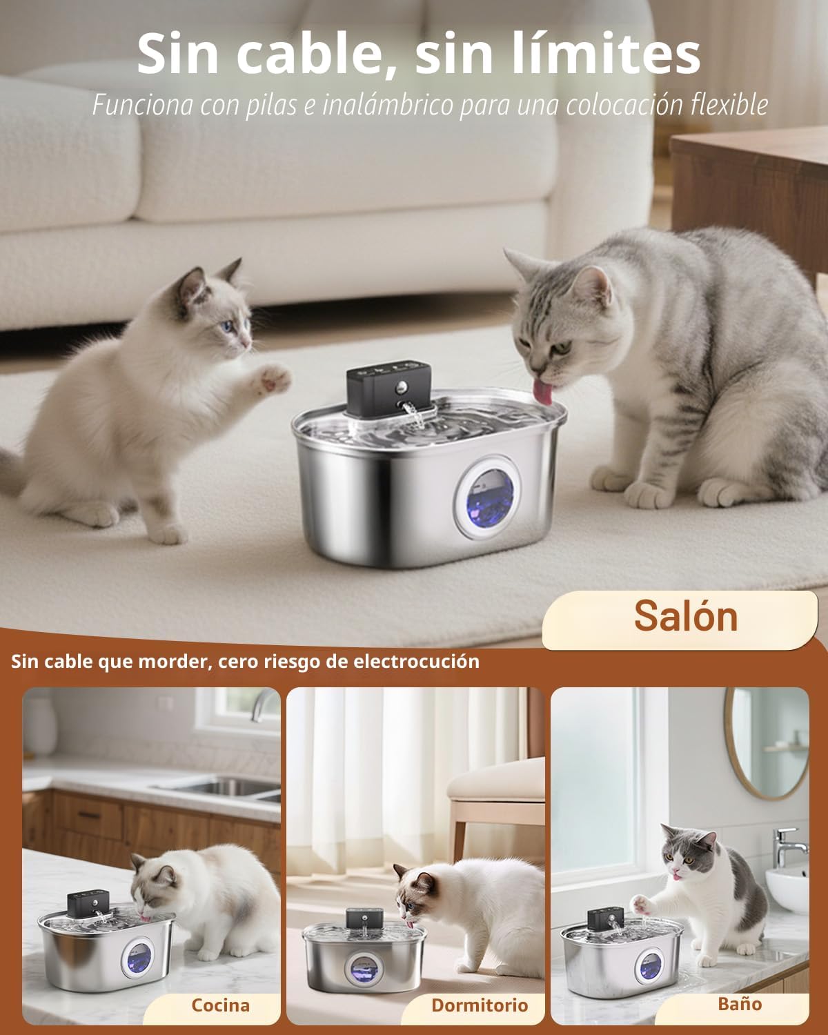 Fuente de agua para gatos inalámbrica, fuente de agua para mascotas...