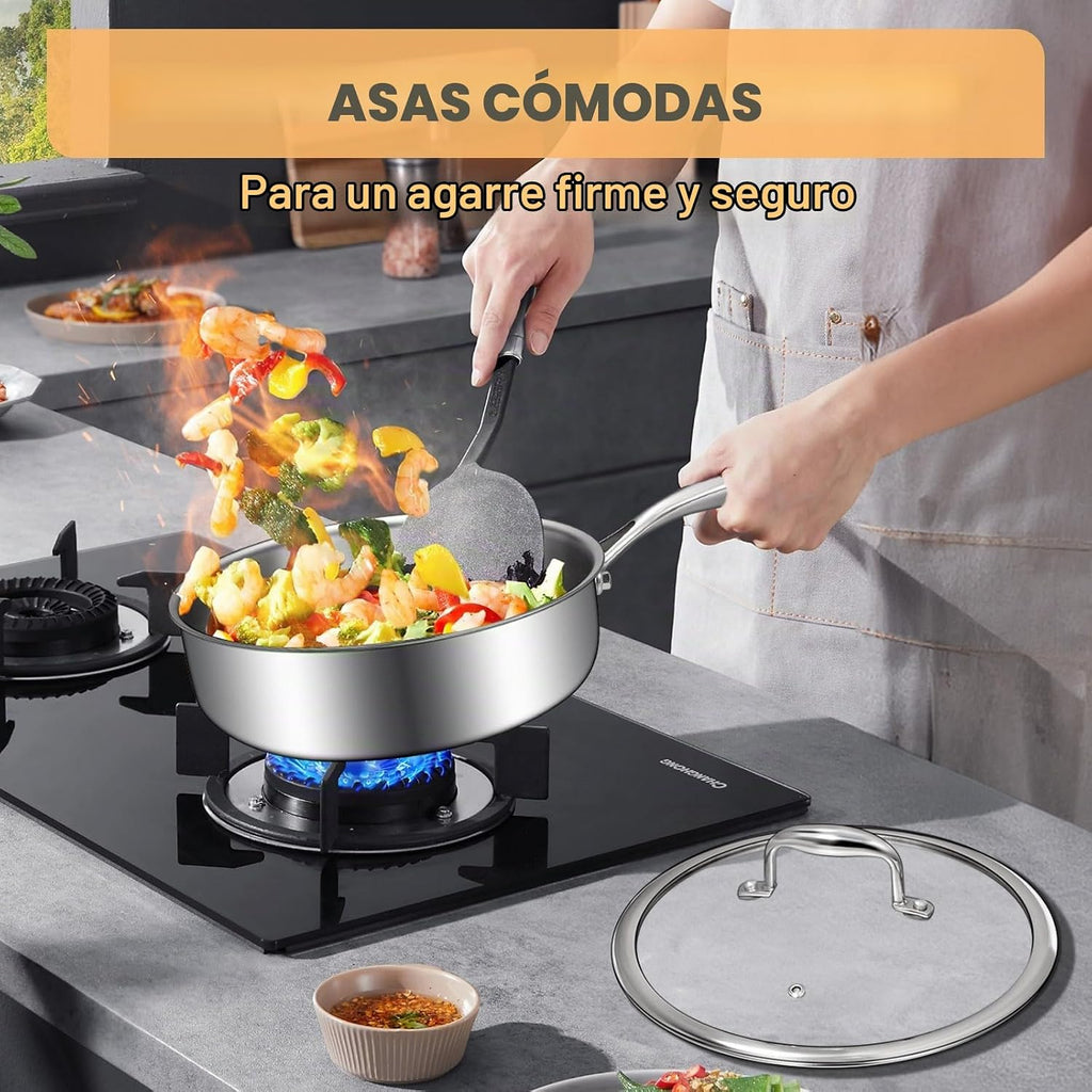 EWFEN Sartén de Acero Inoxidable de Tres Capas 3QT, Sartén Profunda...
