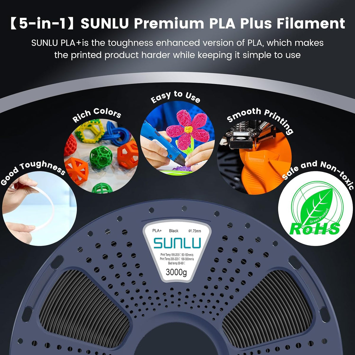 SUNLU 3 kg Filamento para Impresora 3D PLA Plus 1.75 mm, Carrete Gr...