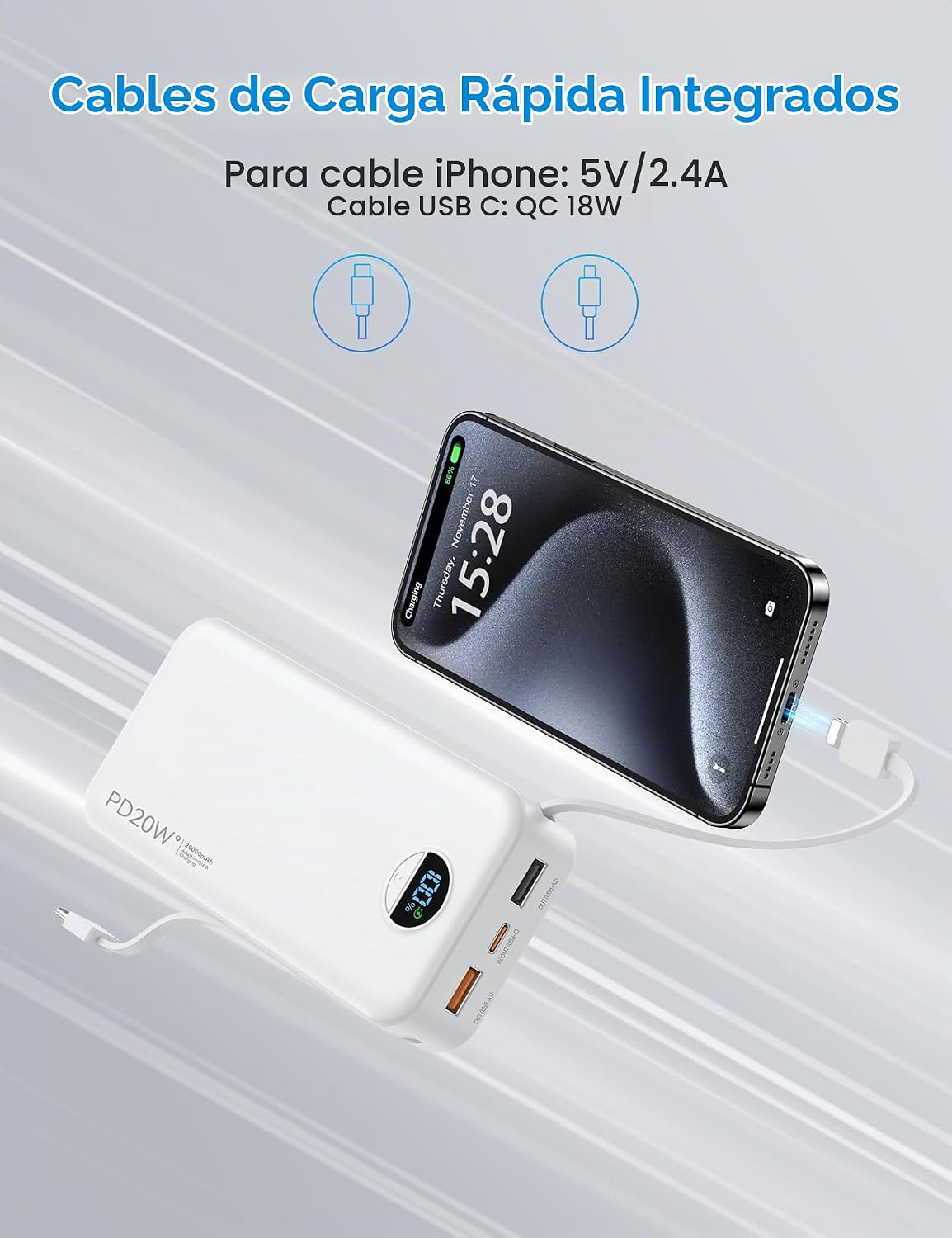 Cargador portátil Ffnpua 20000mAh PD20W con cables incorporados | C...