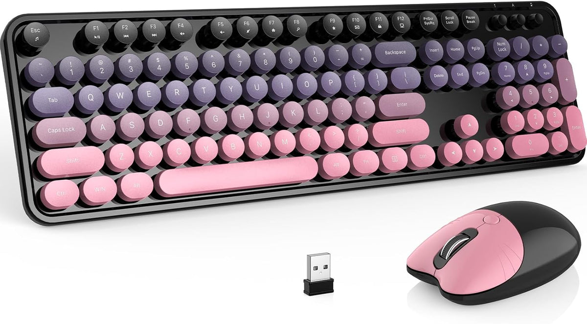 MOFII Combo de teclado y mouse inalámbricos, teclado redondo retro...