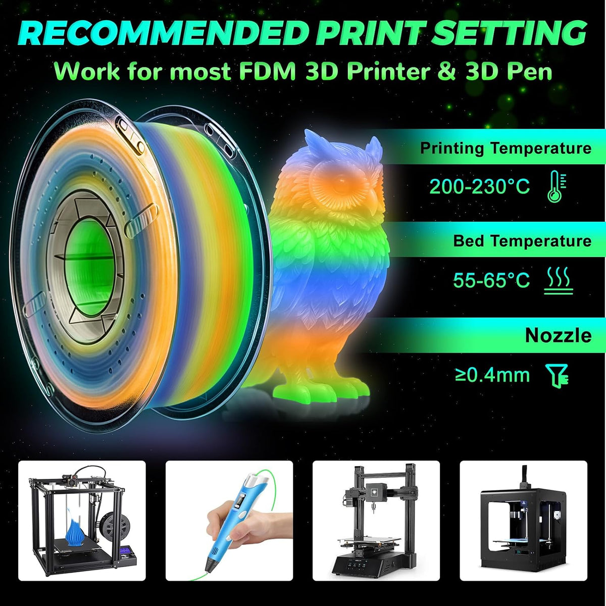 Colourbing Filamento PLA + que brilla en la oscuridad de 0.069 pulg...