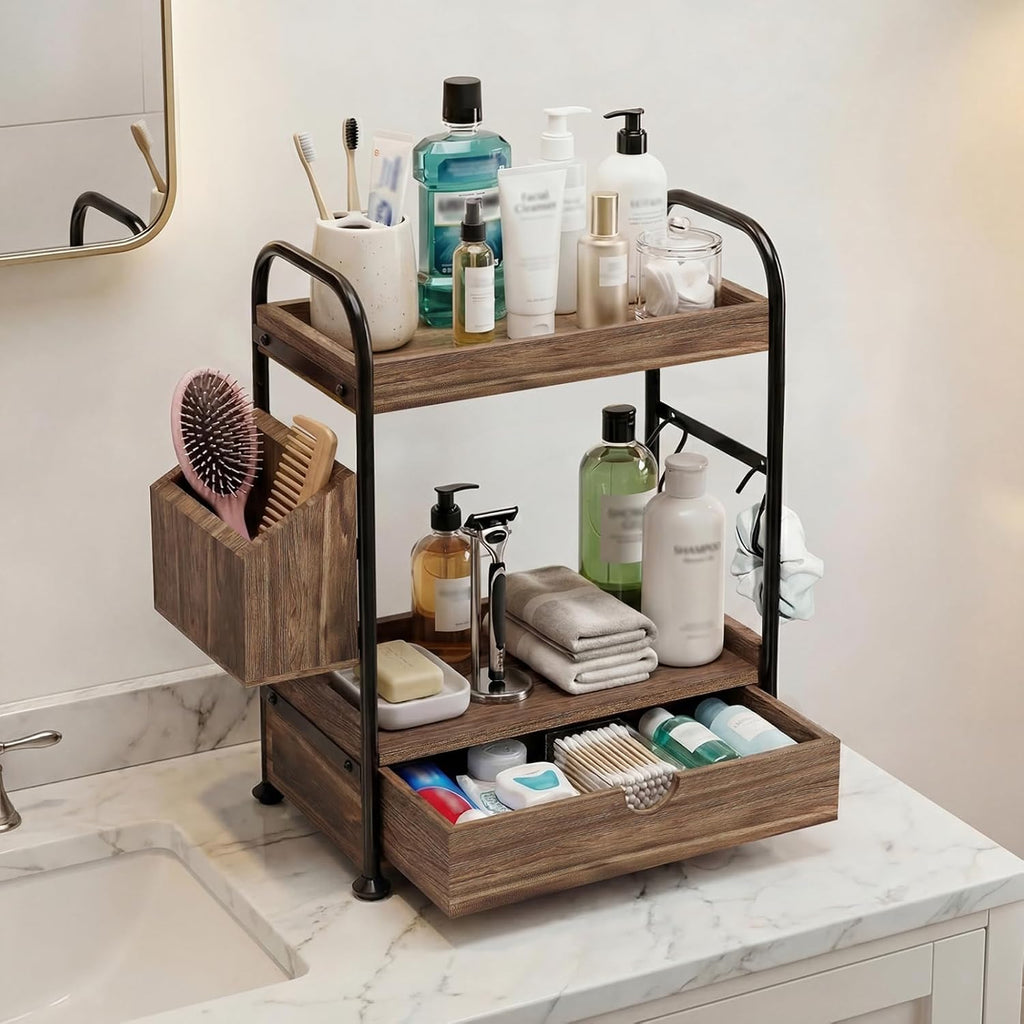 Kottwca Organizador de mostrador de baño de 2 niveles con cajón, es...
