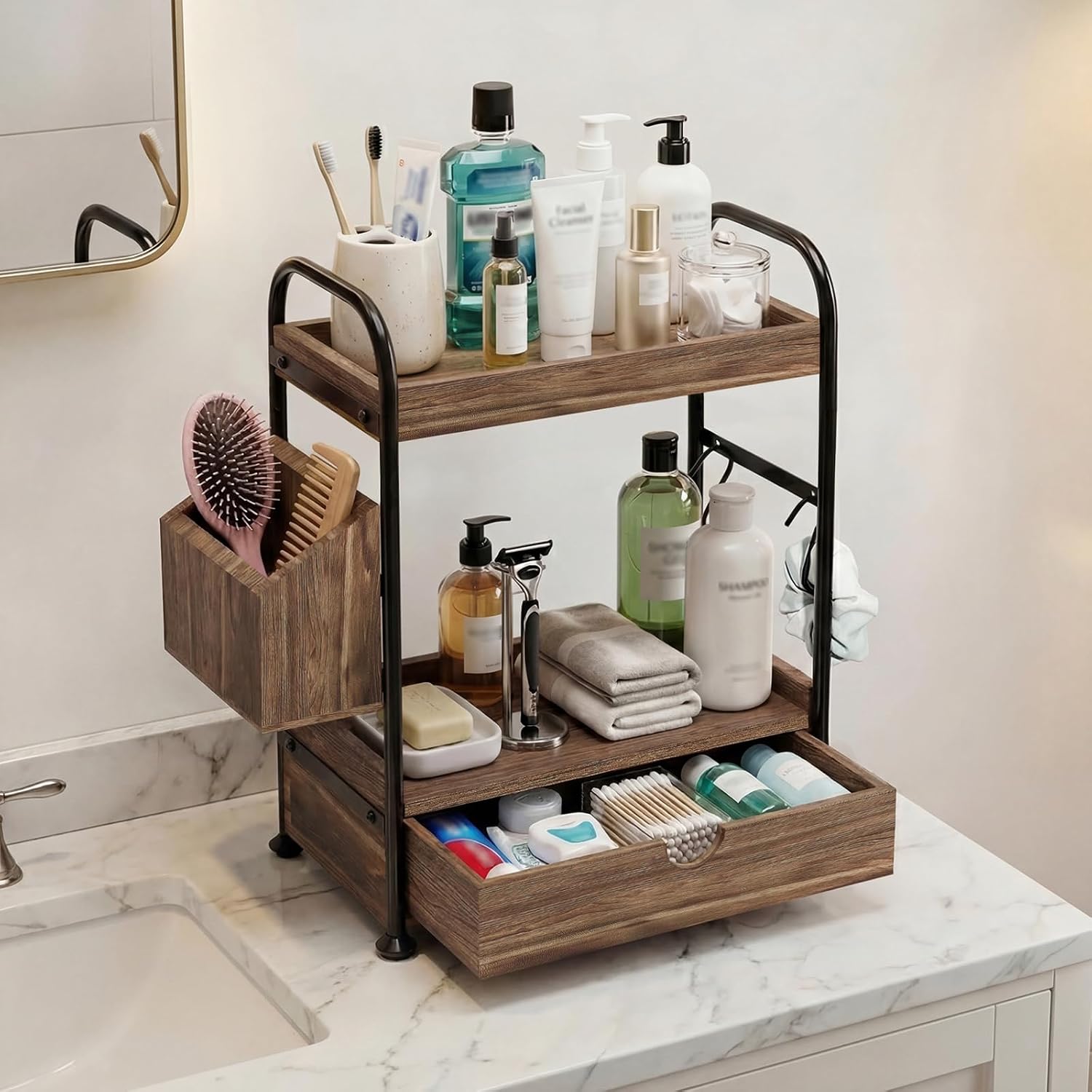 Kottwca Organizador de mostrador de baño de 2 niveles con cajón, es...