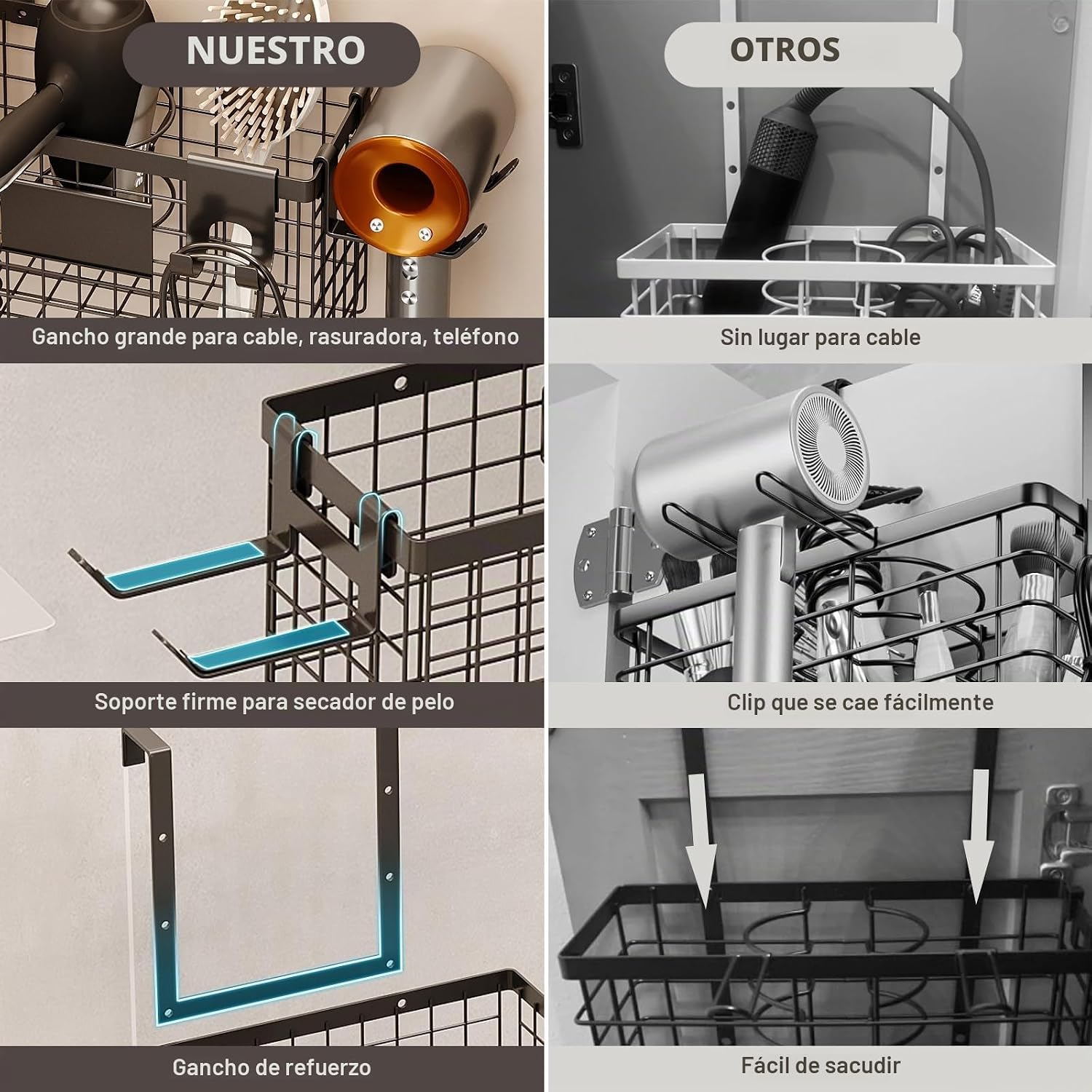 Magheo Soporte para secador de pelo con puerta de gabinete 3-en-1 o...