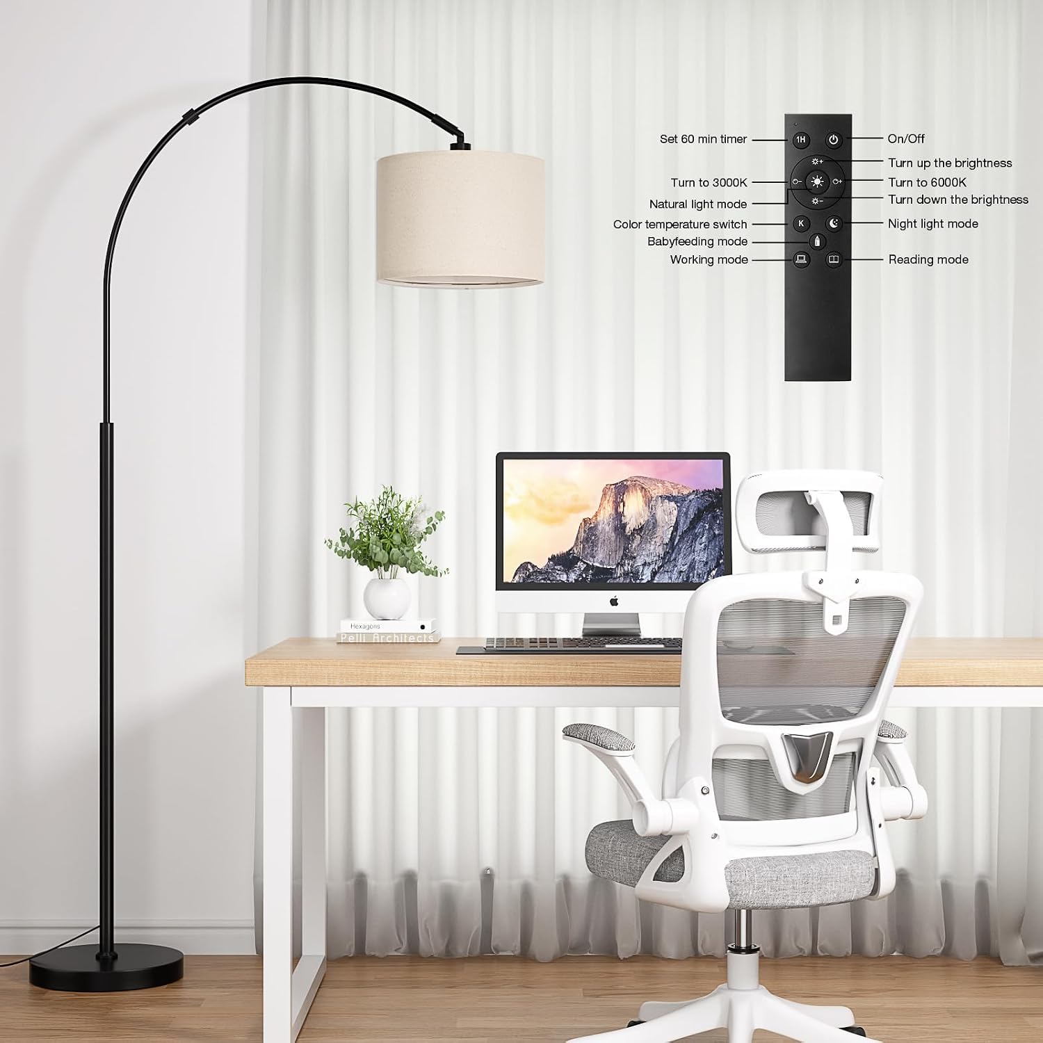 Ambimall Lámpara de pie de arco regulable de 70" con control re...